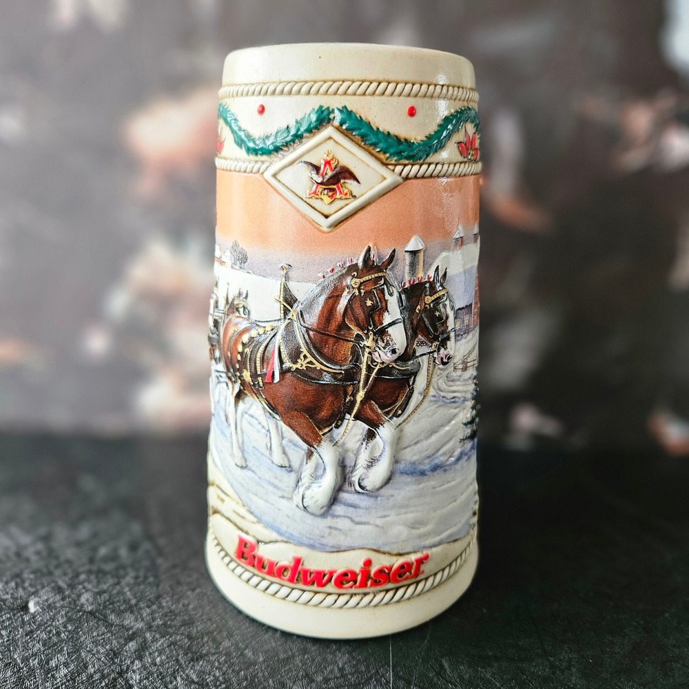Vintage Budweiser Clydesdale Christmas Ceramic‎ Stein - 1996 American Homestead
